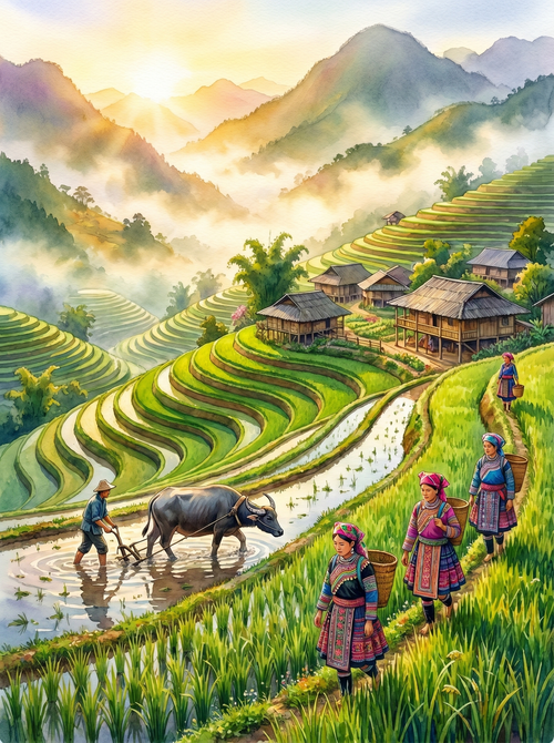 Sapa Rice Terrace Village Watercolor (150 Color Diamond Painting)