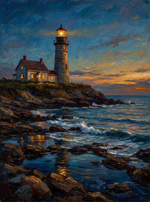 Seaside Lighthouse Cottage Dusk