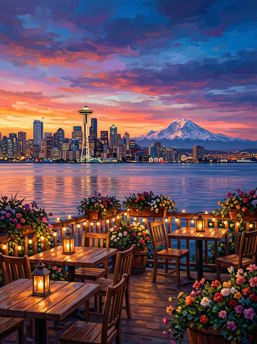 Seattle Skyline Sunset Clean (150 Color Diamond Painting)