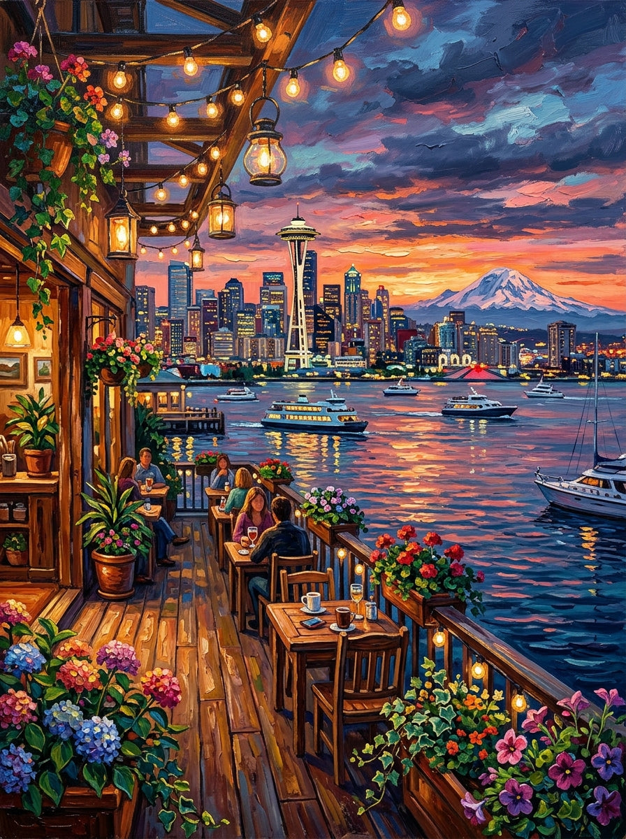 Seattle Skyline Sunset Impasto (150 Color Diamond Painting)