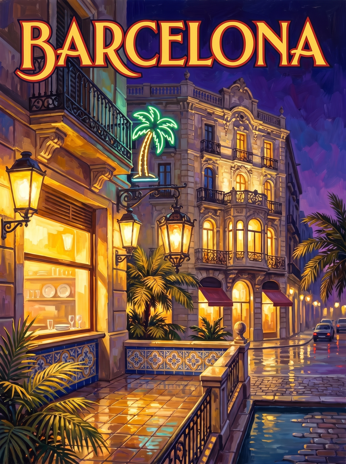 Barcelona Neon Palm Street