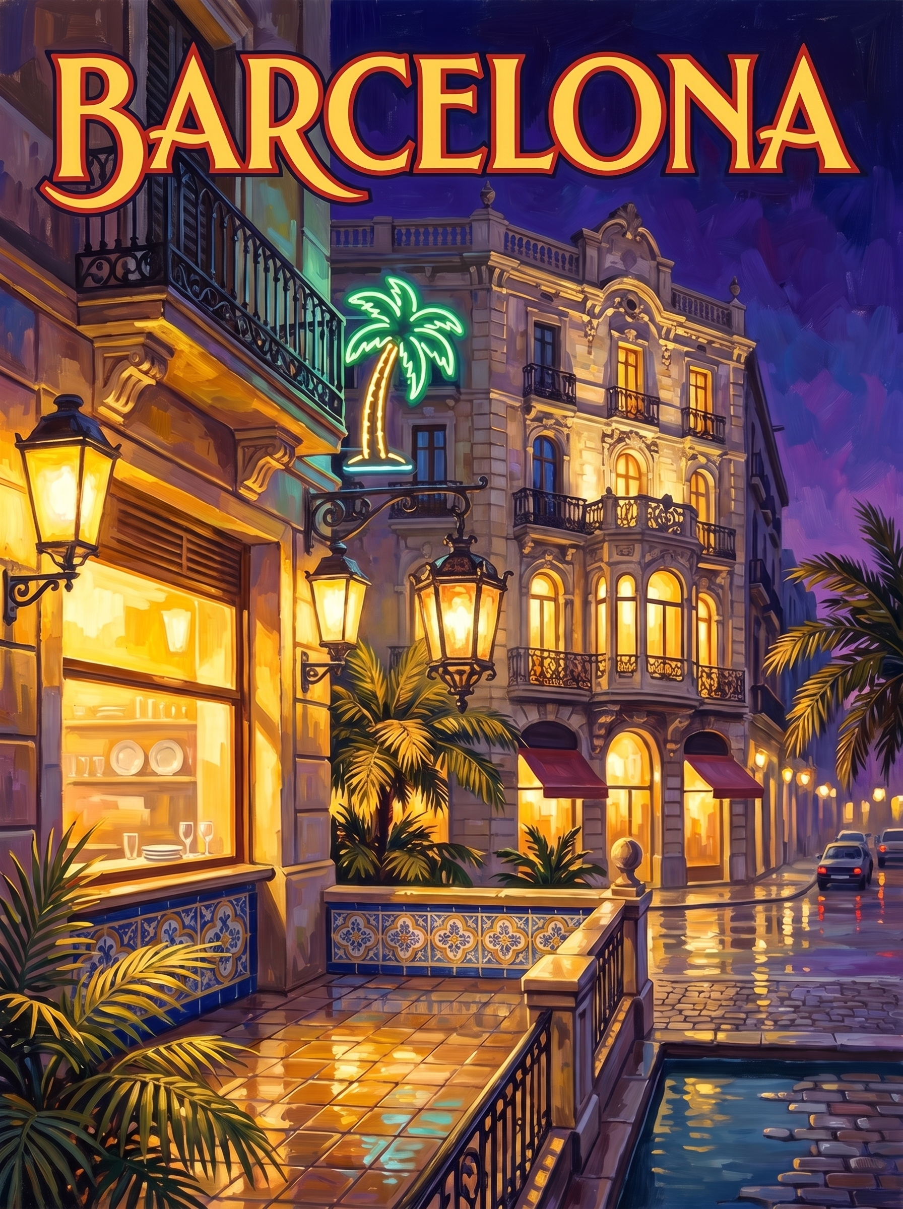 Barcelona Neon Palm Street
