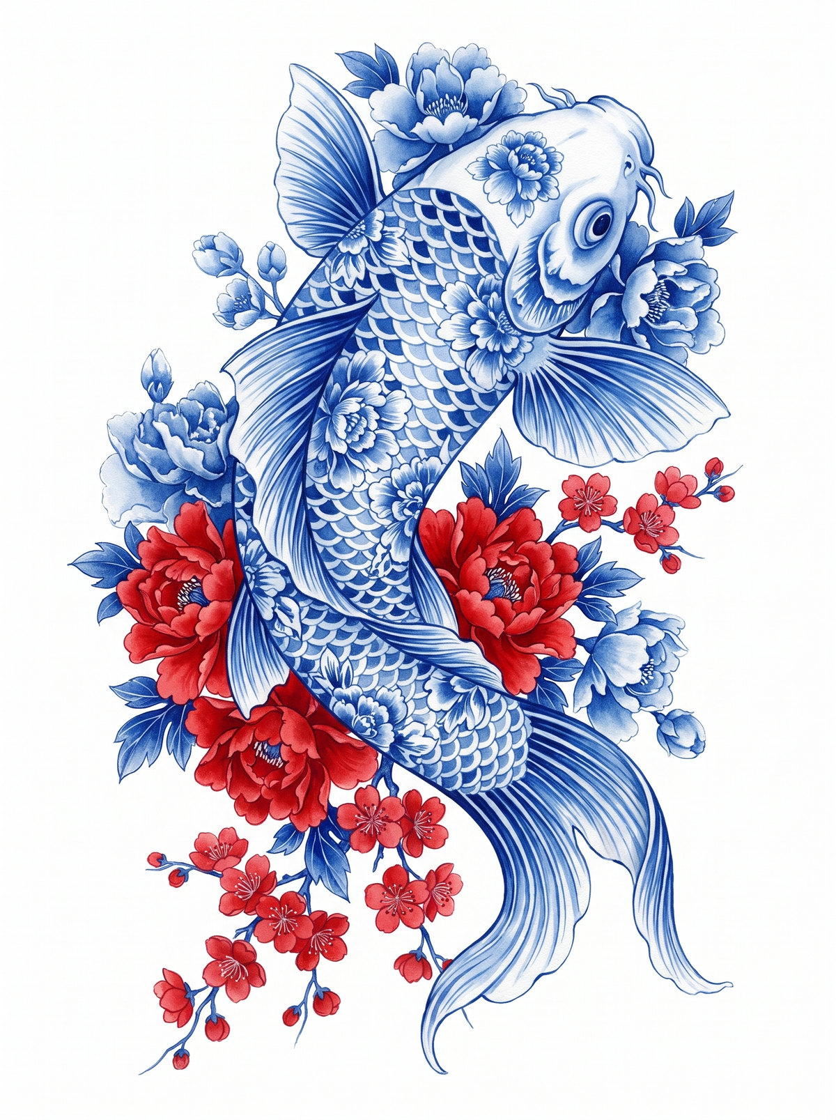 Blue Koi Red Peonies