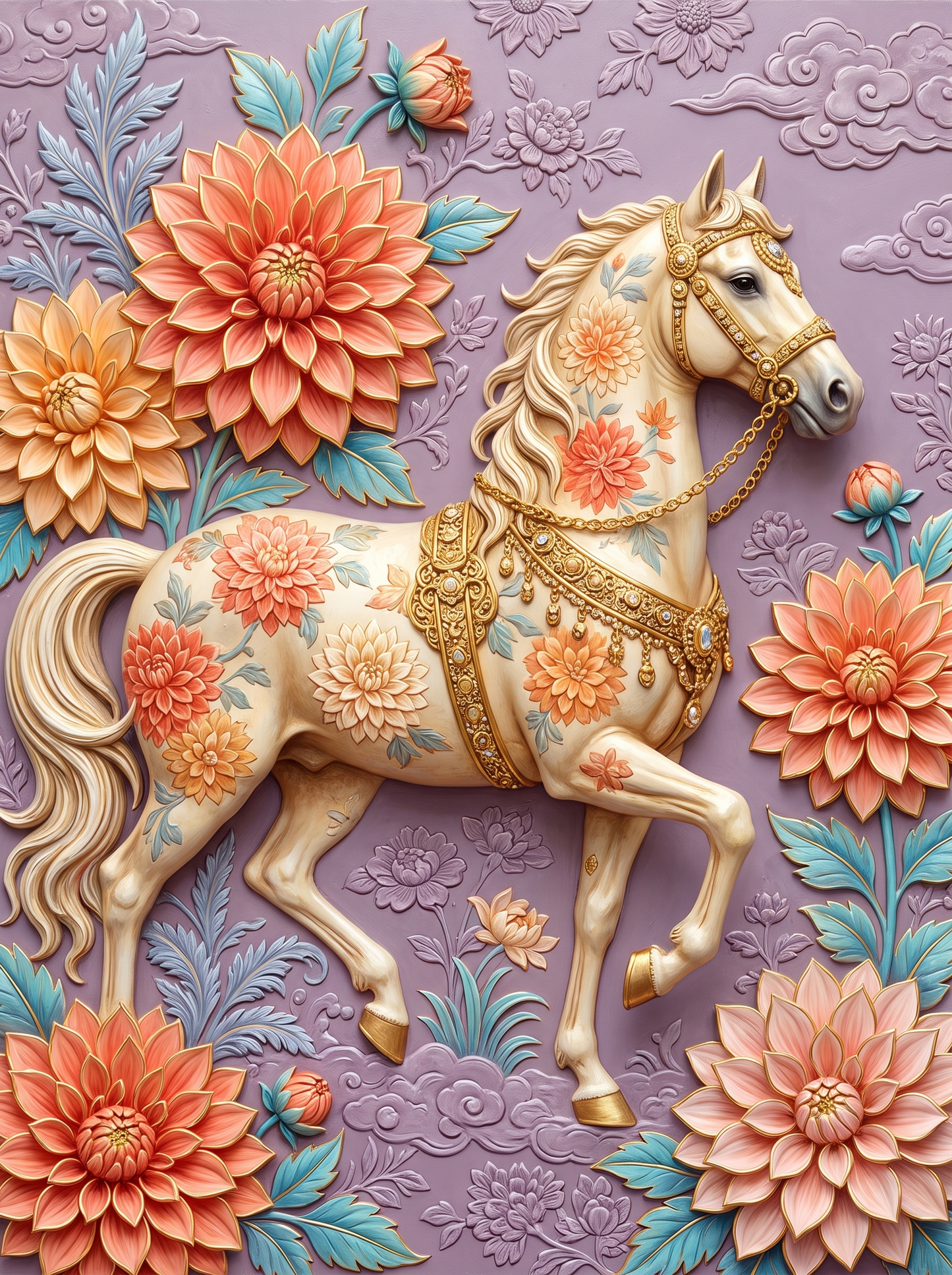 Carved Dahlia Horse Lilac