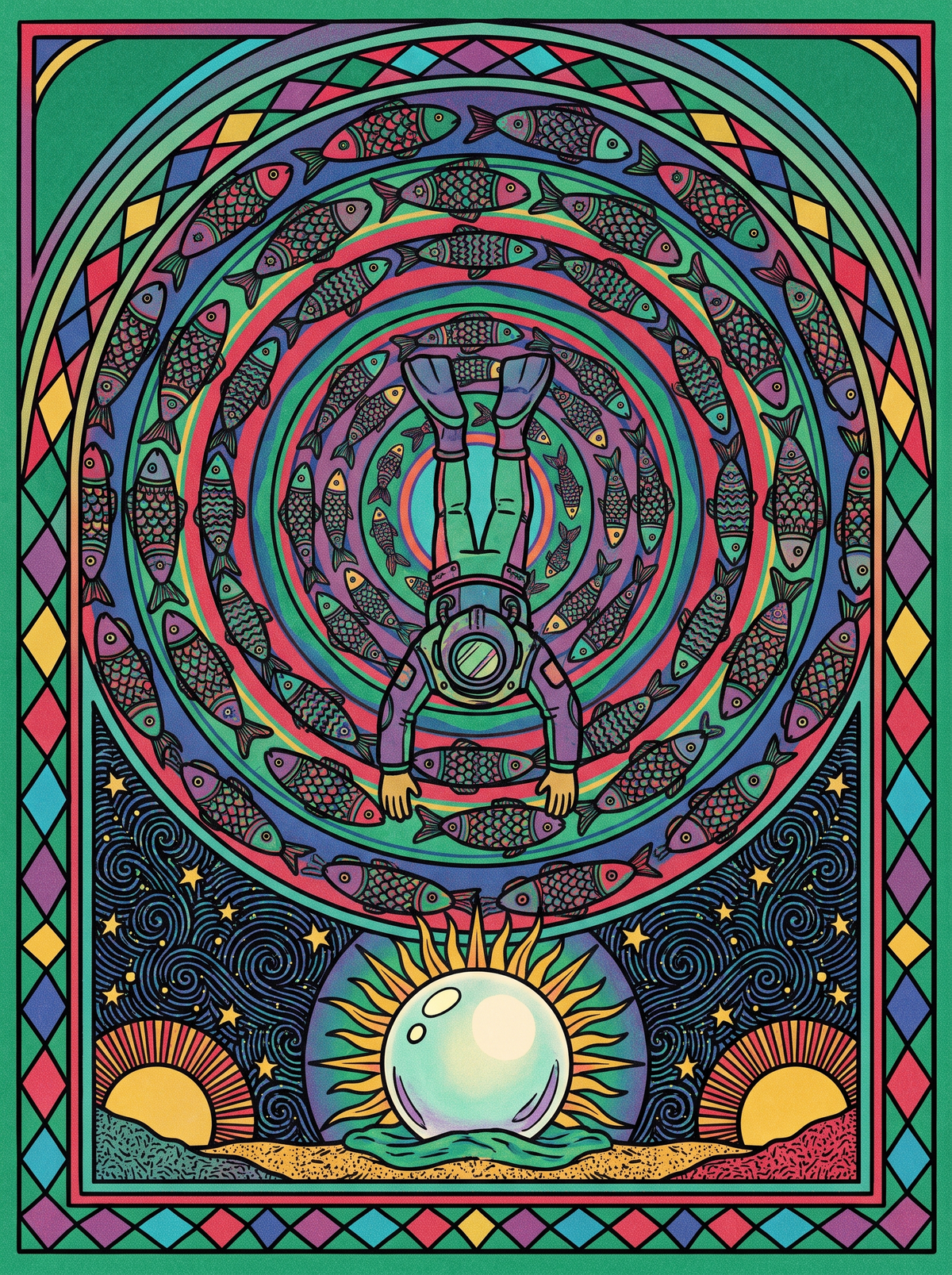 Diver In Fish Spiral