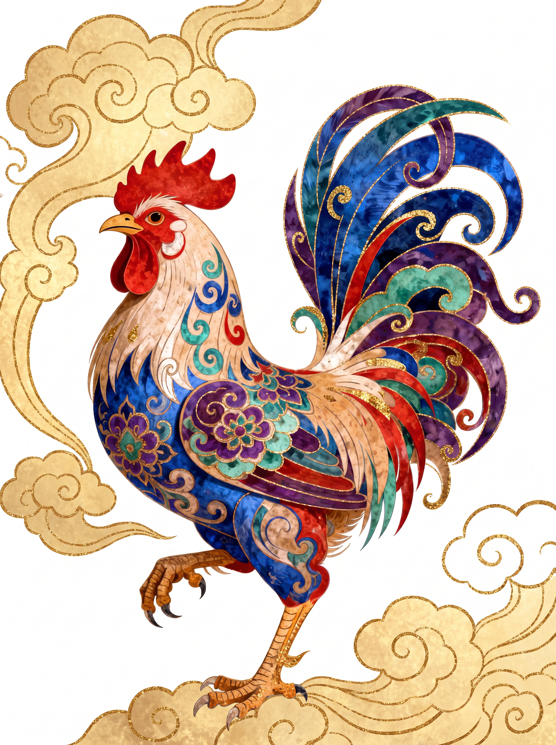 Enamel Rooster Gold Clouds