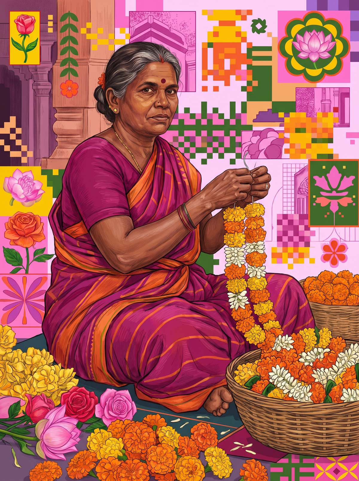 Flower Seller Threading Blooms
