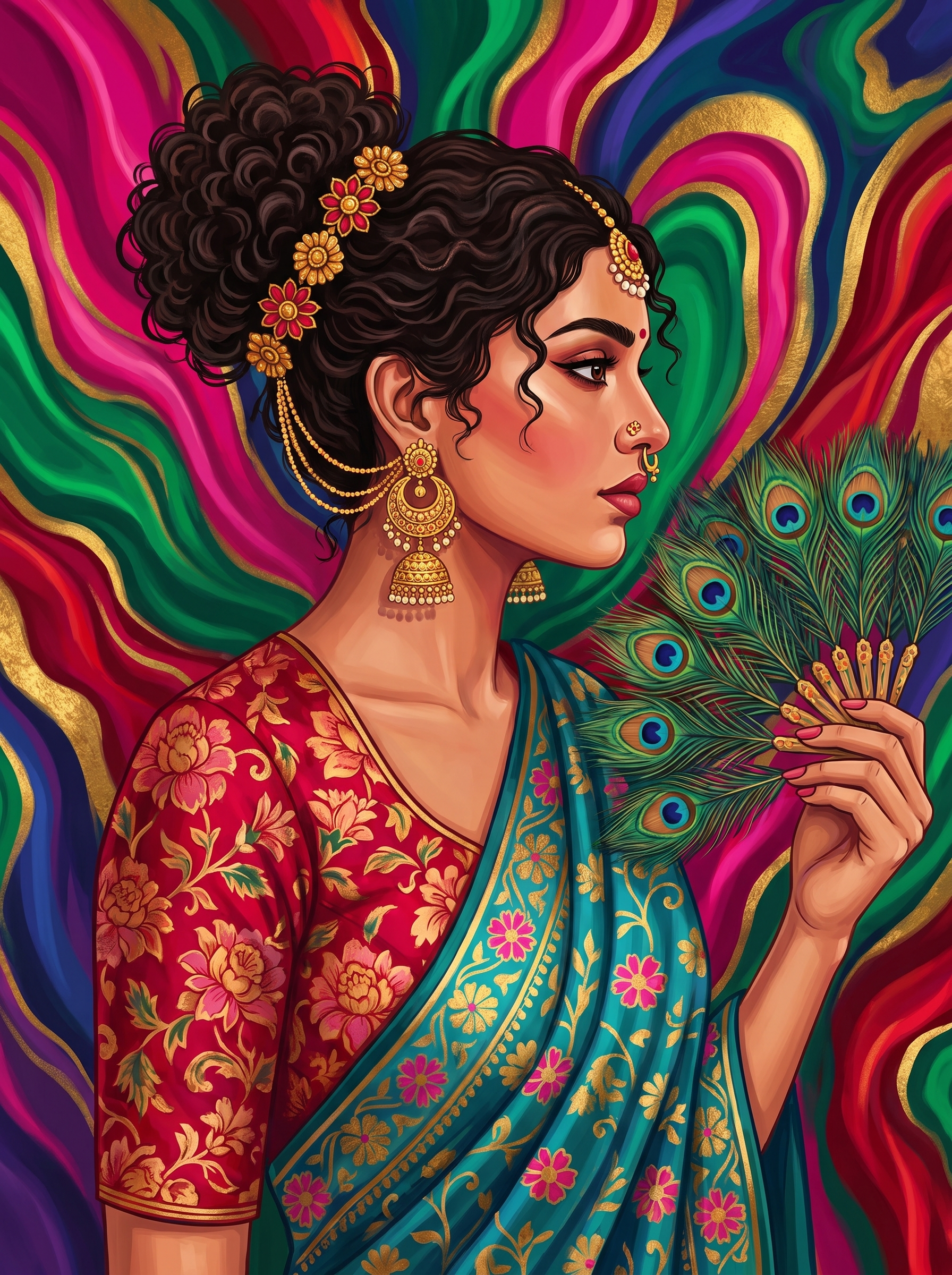 Peacock Feather Sari Woman