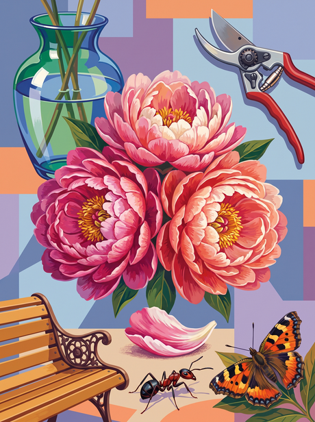 Peony Bouquet Park Bench (150 Color Diamond Painting)