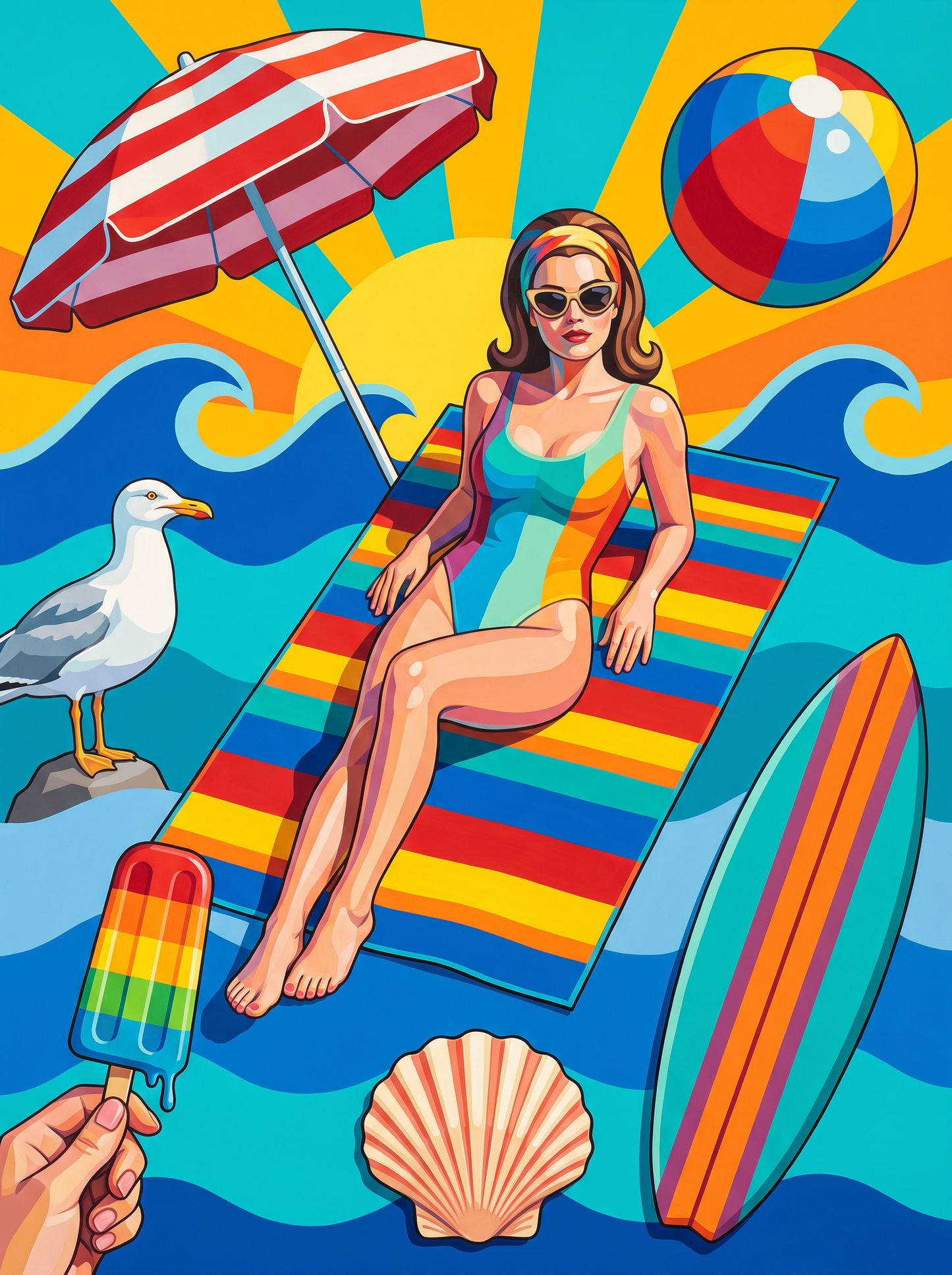 Rainbow Towel Sunbather Waves