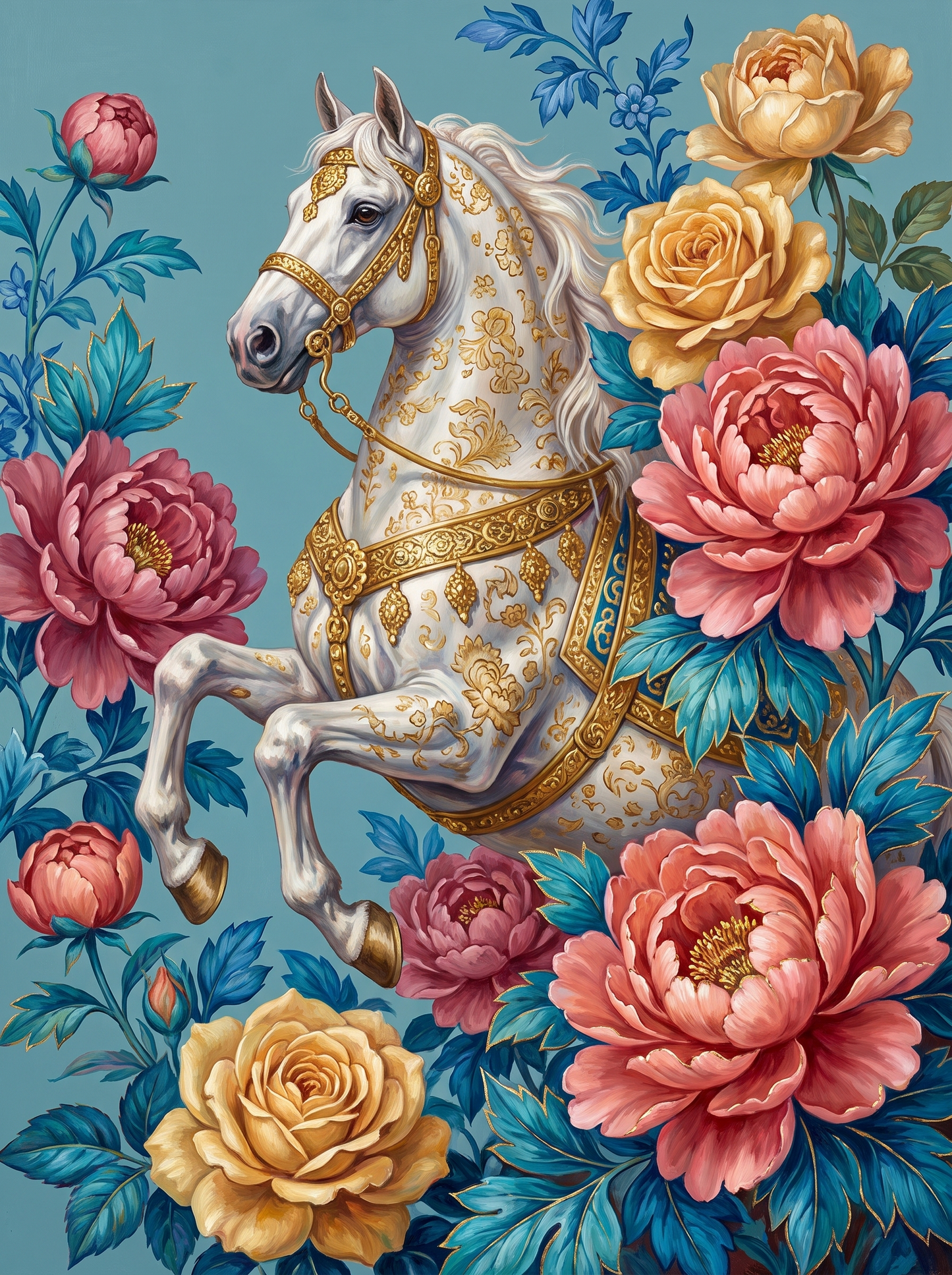 Rearing Horse Peony Teal