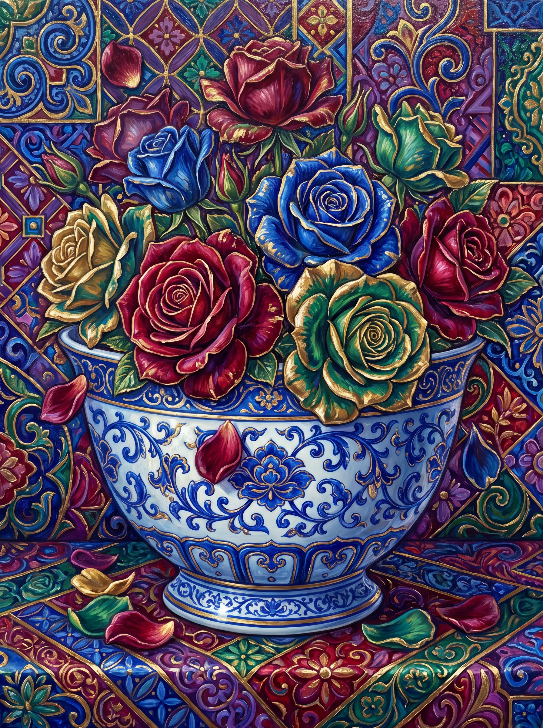 Roses In Delft Bowl