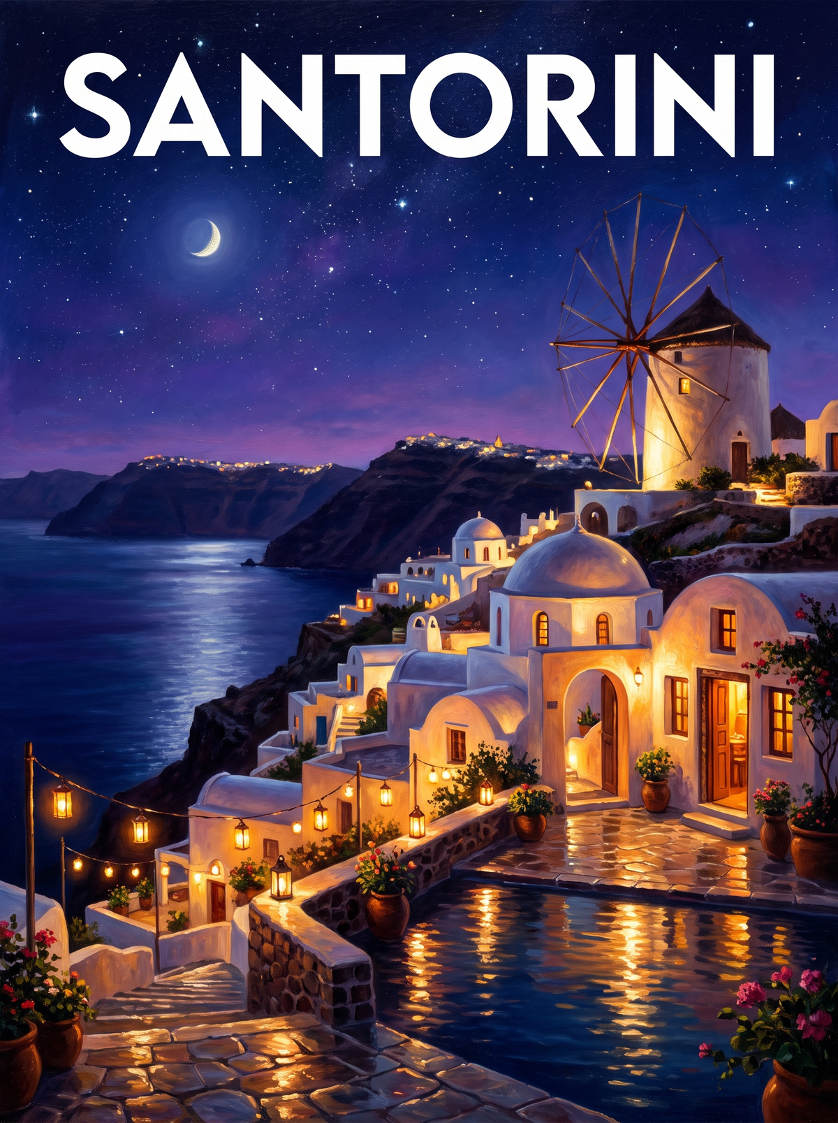 Santorini Windmill Moonlight