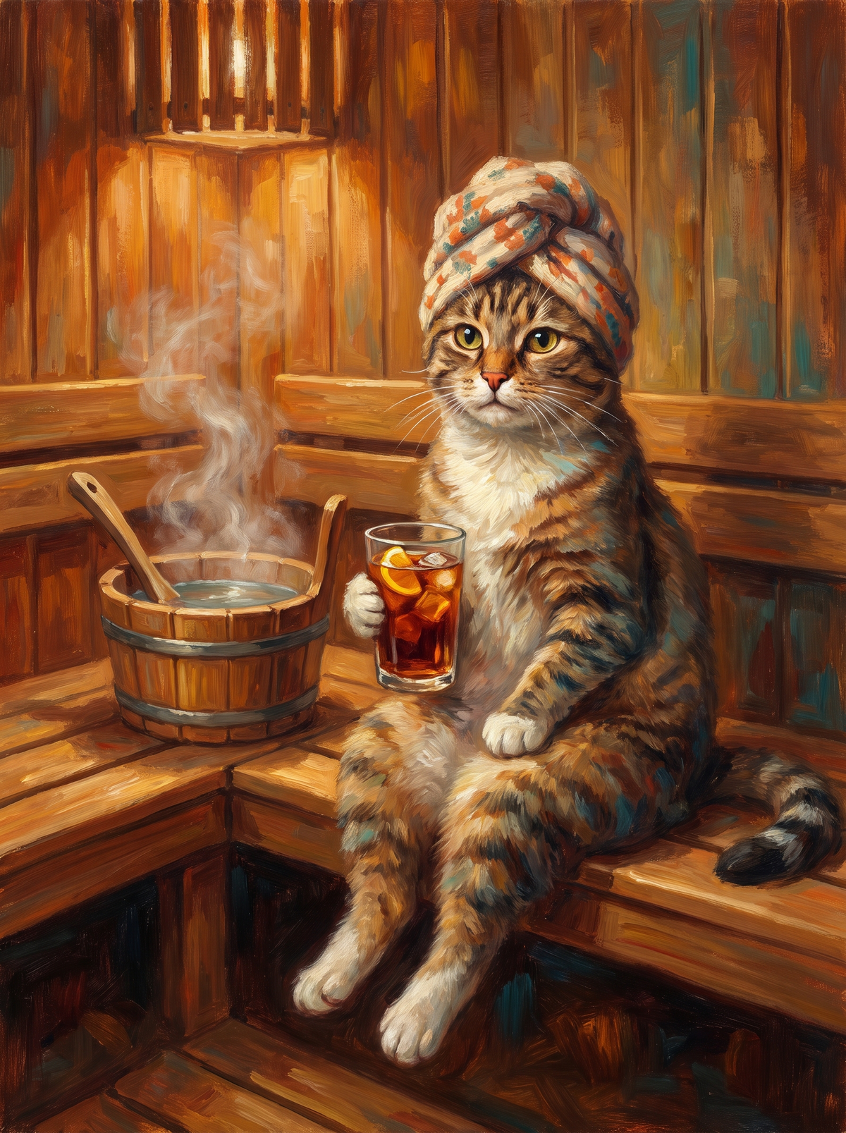 Sauna Cat With Iced Tea