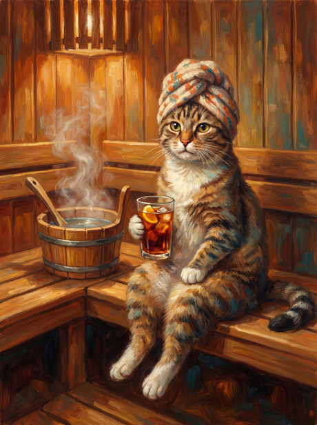 Sauna Cat With Iced Tea