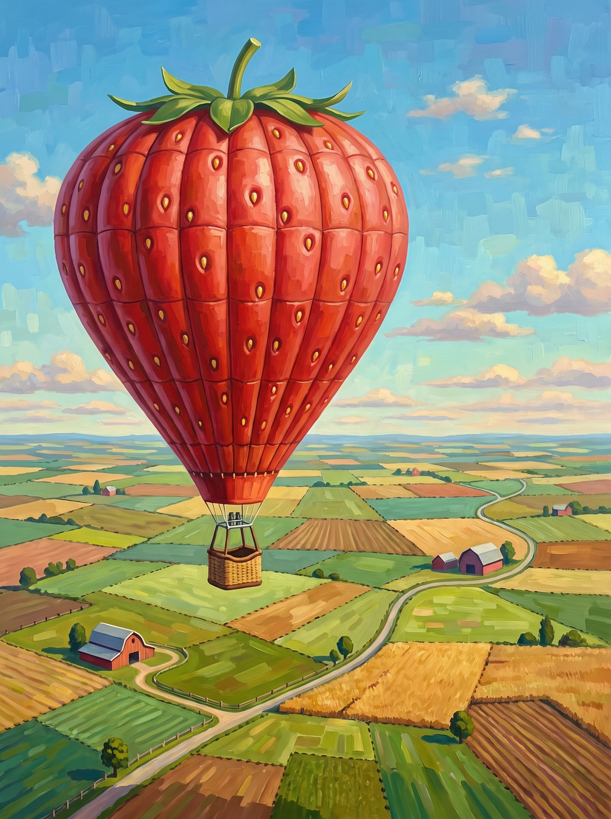 Strawberry Balloon Over Farmland