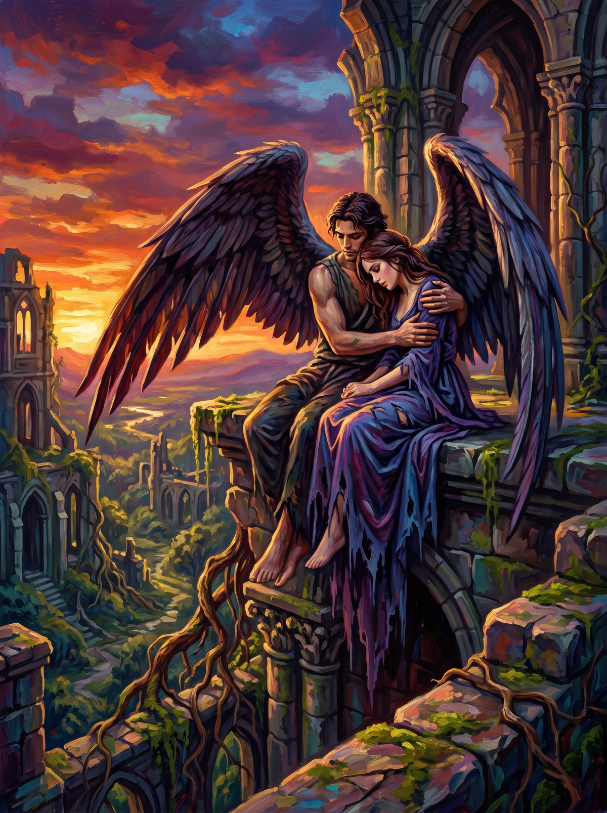 Angel Embrace Among Ruins