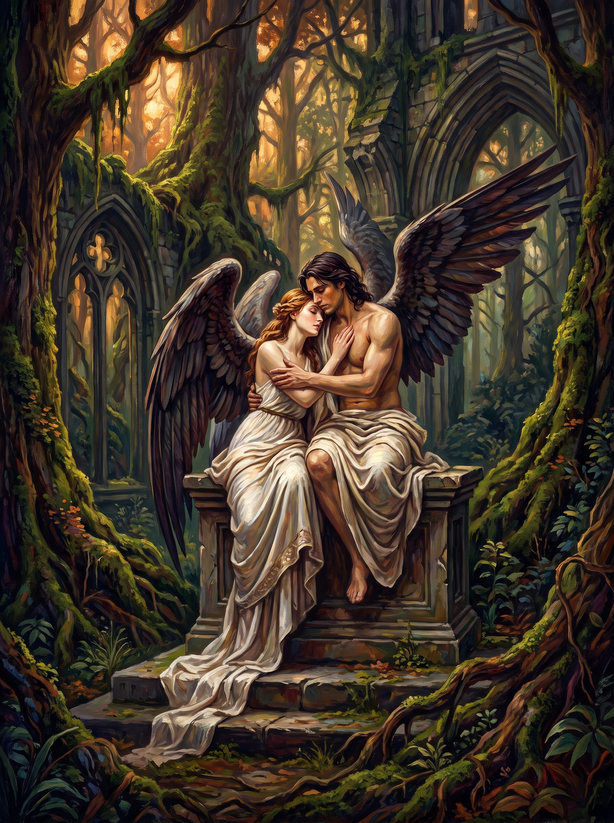 Angels Embracing In Mossy Ruins