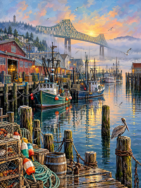 Astoria Fishing Harbor Dawn (150 Color Diamond Painting)