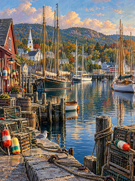 Autumn Schooners At Camden (150 Color Diamond Painting)