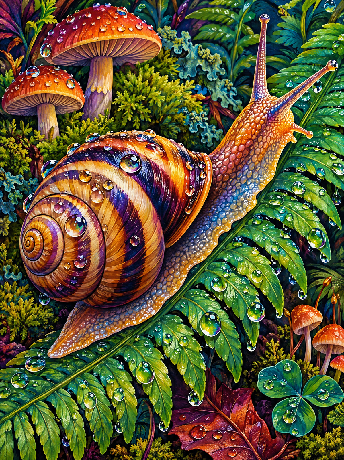Banded Snail On Dewy Fern
