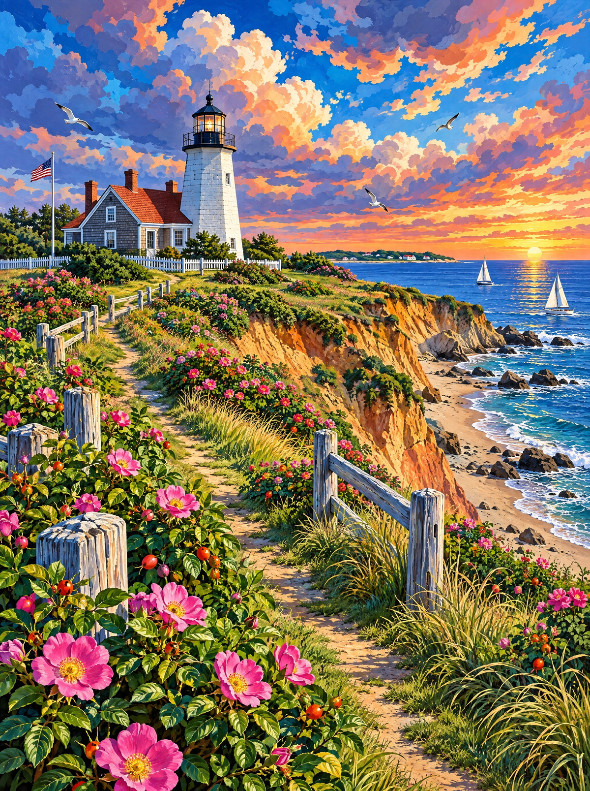 Beach Roses Below The Lighthouse