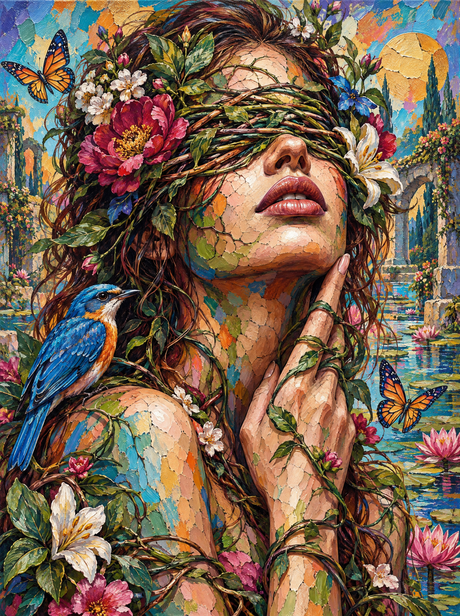 Blindfolded By Blossoms (150 Color Diamond Painting)