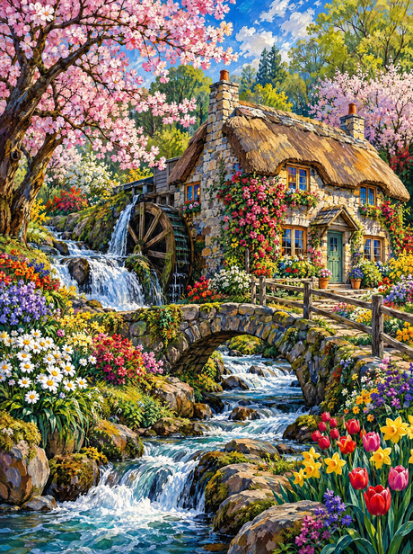 Blossom Watermill Cottage (150 Color Diamond Painting)