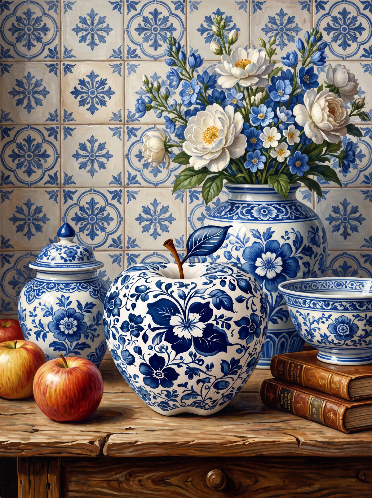 Blue Porcelain Apple Still Life