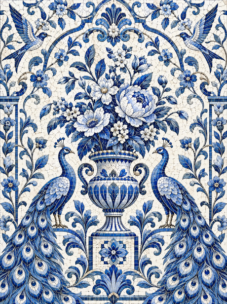 Blue Porcelain Peacock Panel