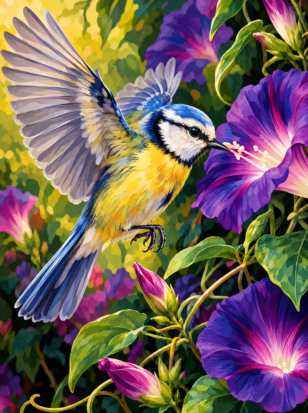 Blue Tit And Morning Glory