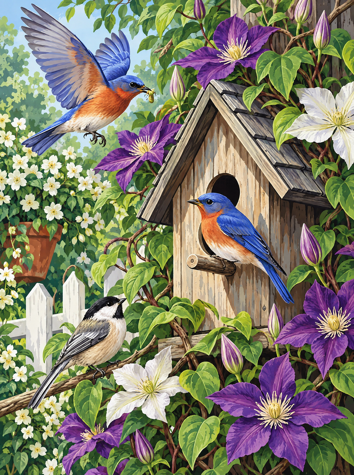 Bluebirds At The Birdhouse