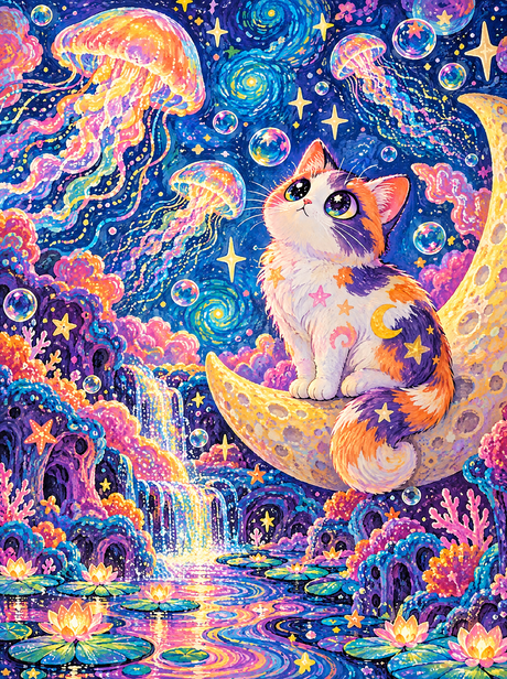 Calico Kitten On The Moon (150 Color Diamond Painting)
