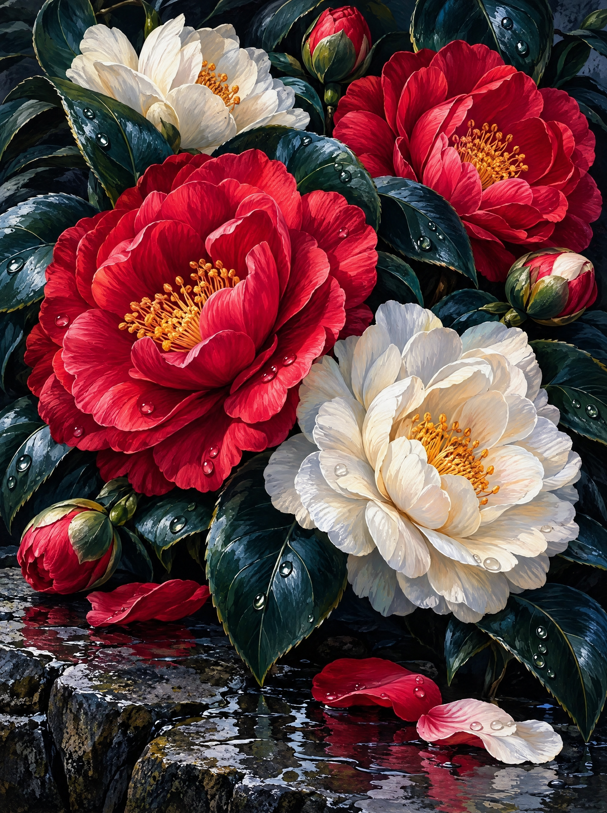 Camellias On Wet Stone
