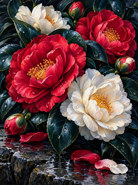 Camellias On Wet Stone