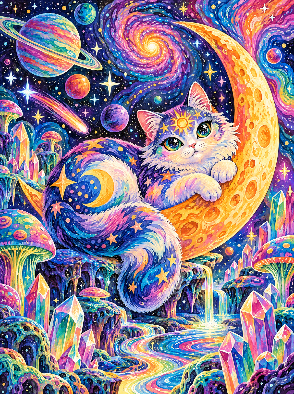 Celestial Cat On Crescent Moon