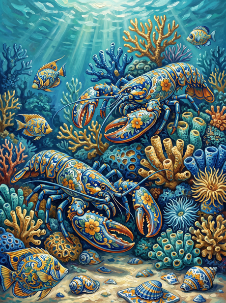 Ceramic Lobsters On The Reef (150 Color Diamond Painting)