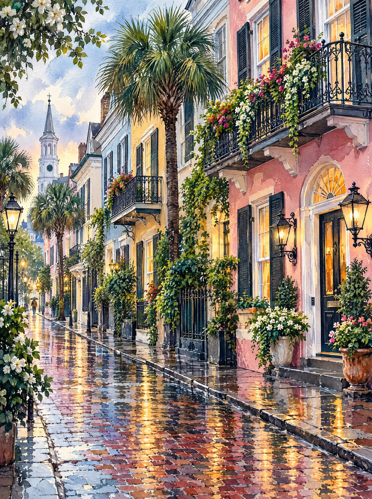 Charleston Rainbow Row Rain