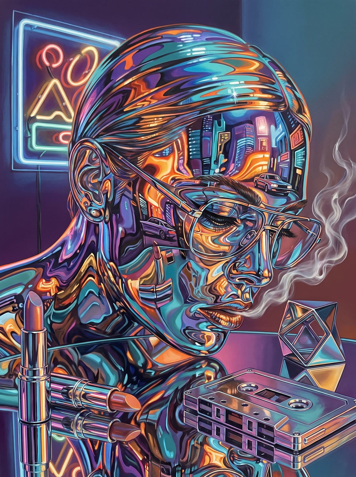 Chrome Portrait With Neon City