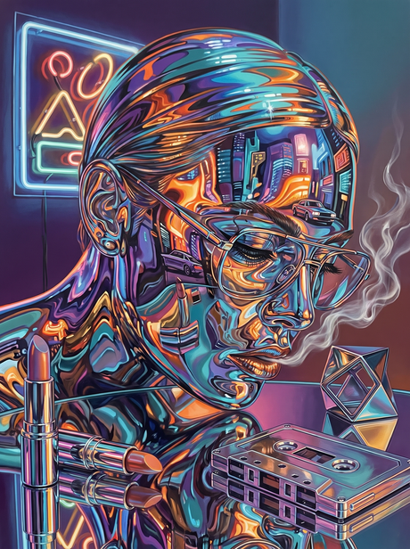 Chrome Portrait With Neon City (150 Color Diamond Painting)