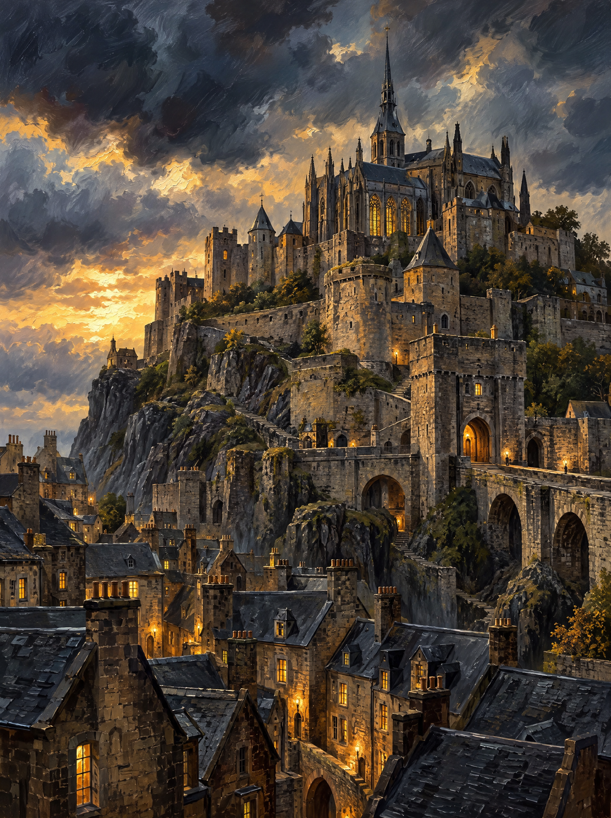 Cliffside Castle Town At Dusk