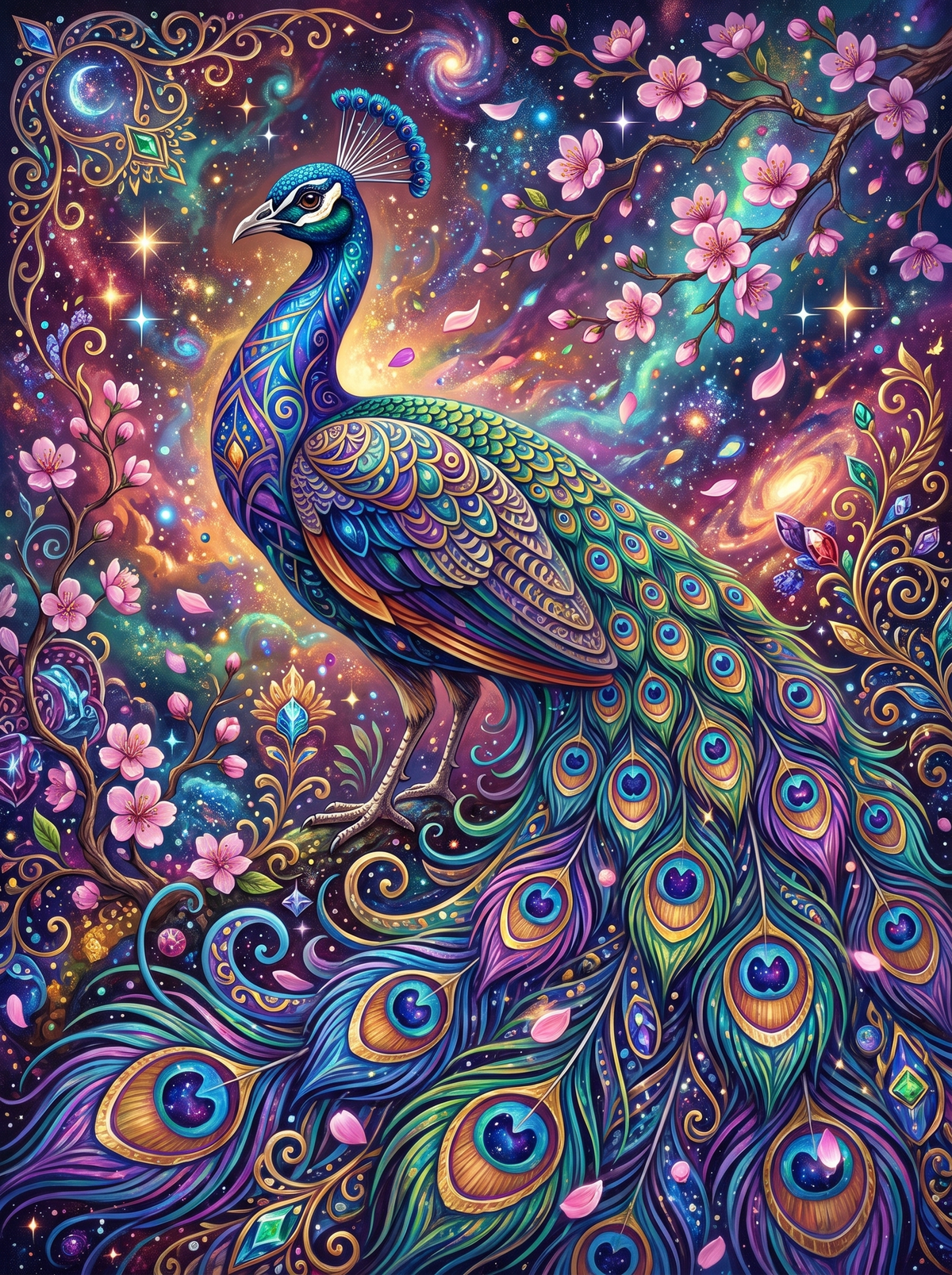 Cosmic Peacock And Blossoms
