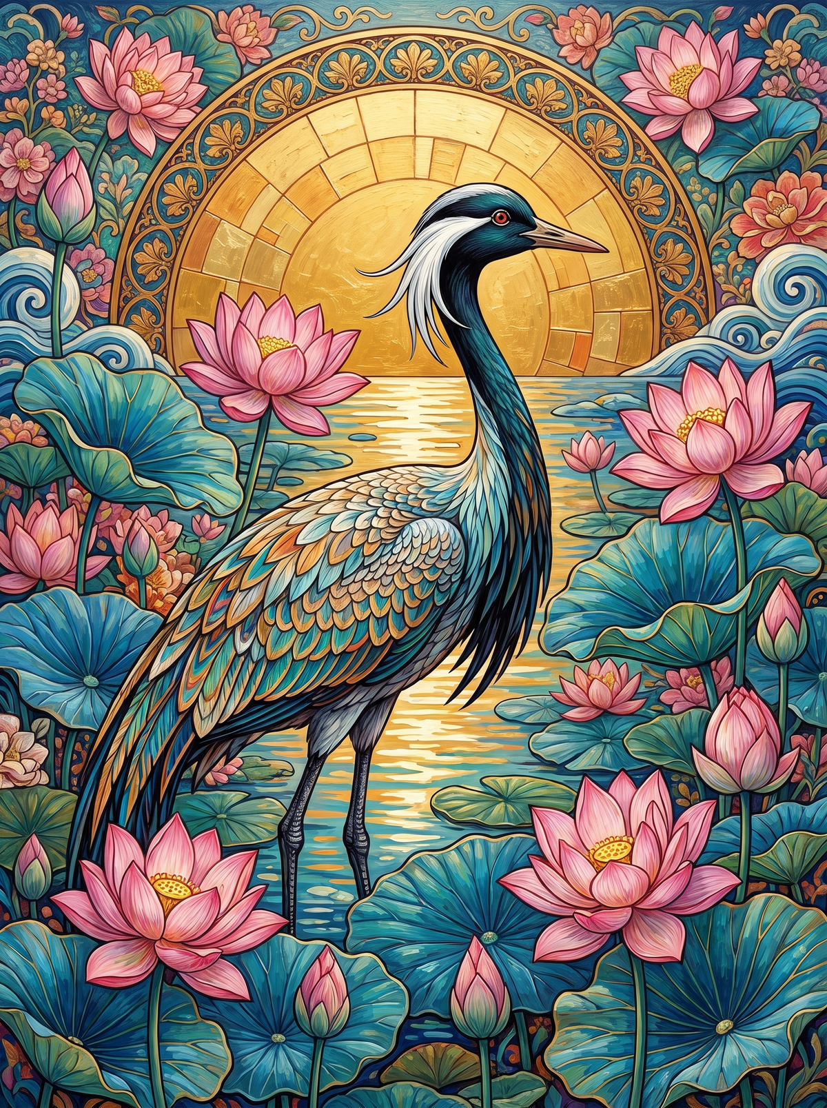 Crane Among Lotus Blooms
