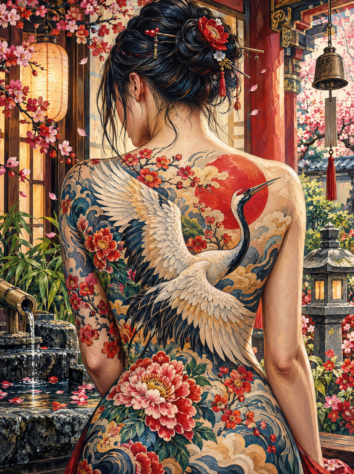 Crane Irezumi In Temple Garden