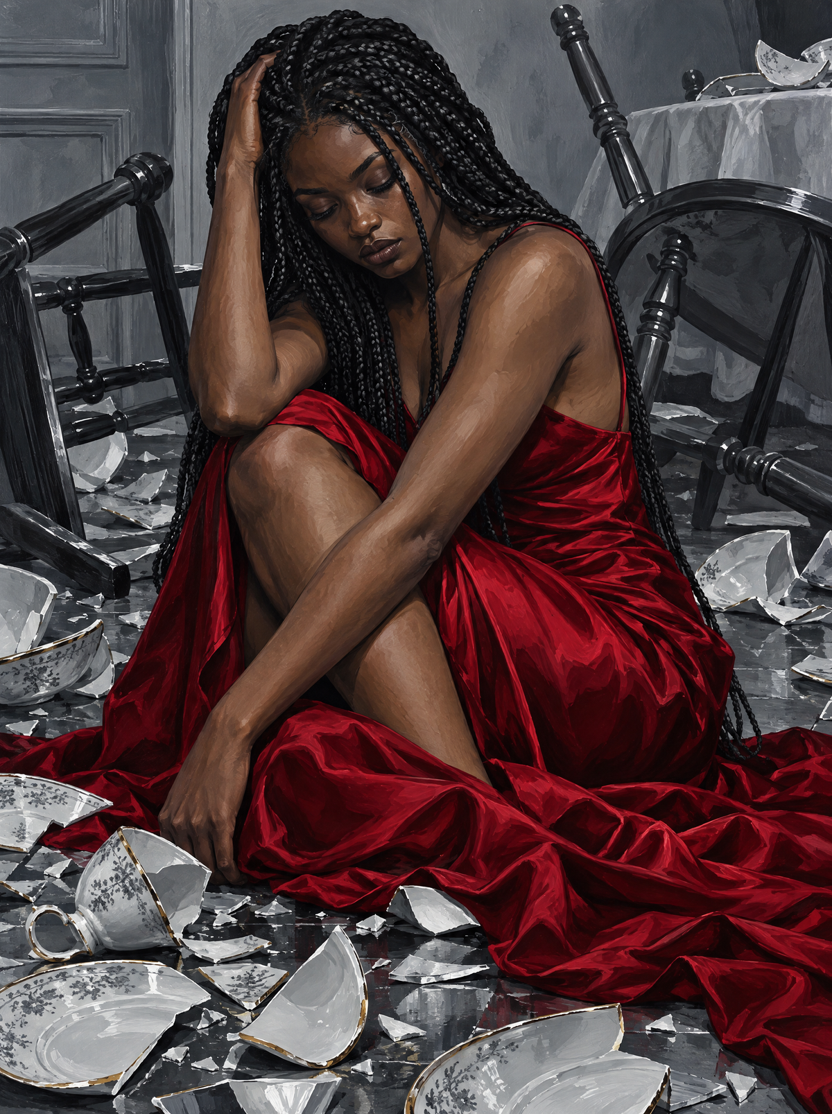 Crimson Dress Among Broken China
