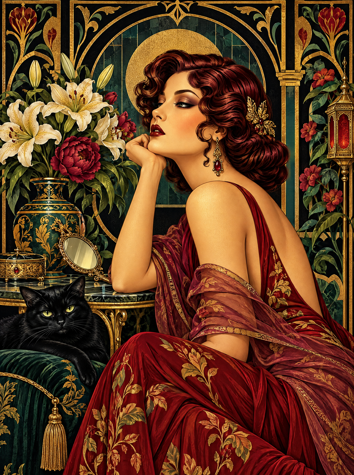 Crimson Gown And Black Cat