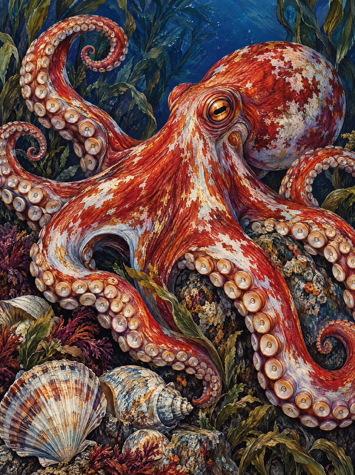 Crimson Octopus Among Shells