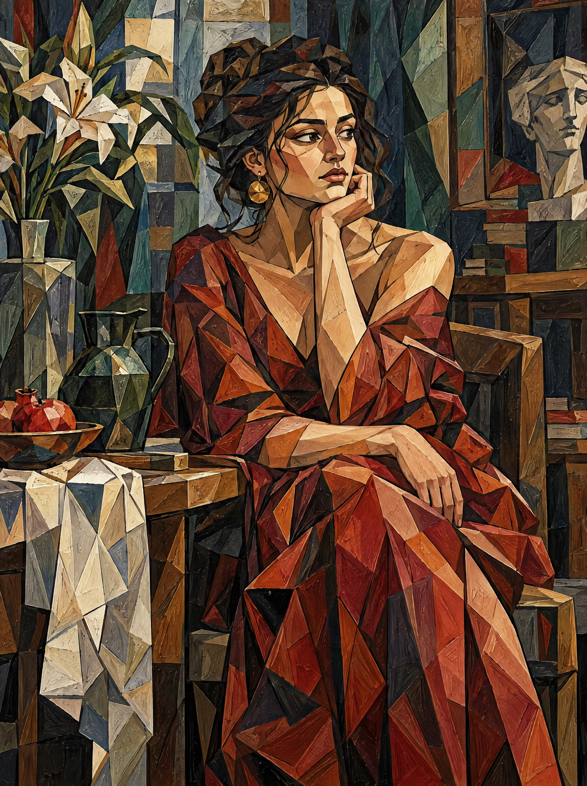 Cubist Woman In Red