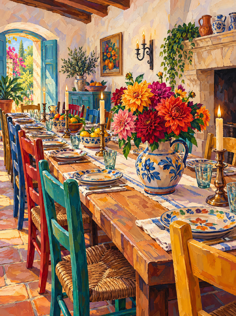 Dahlias On The Long Table (150 Color Diamond Painting)