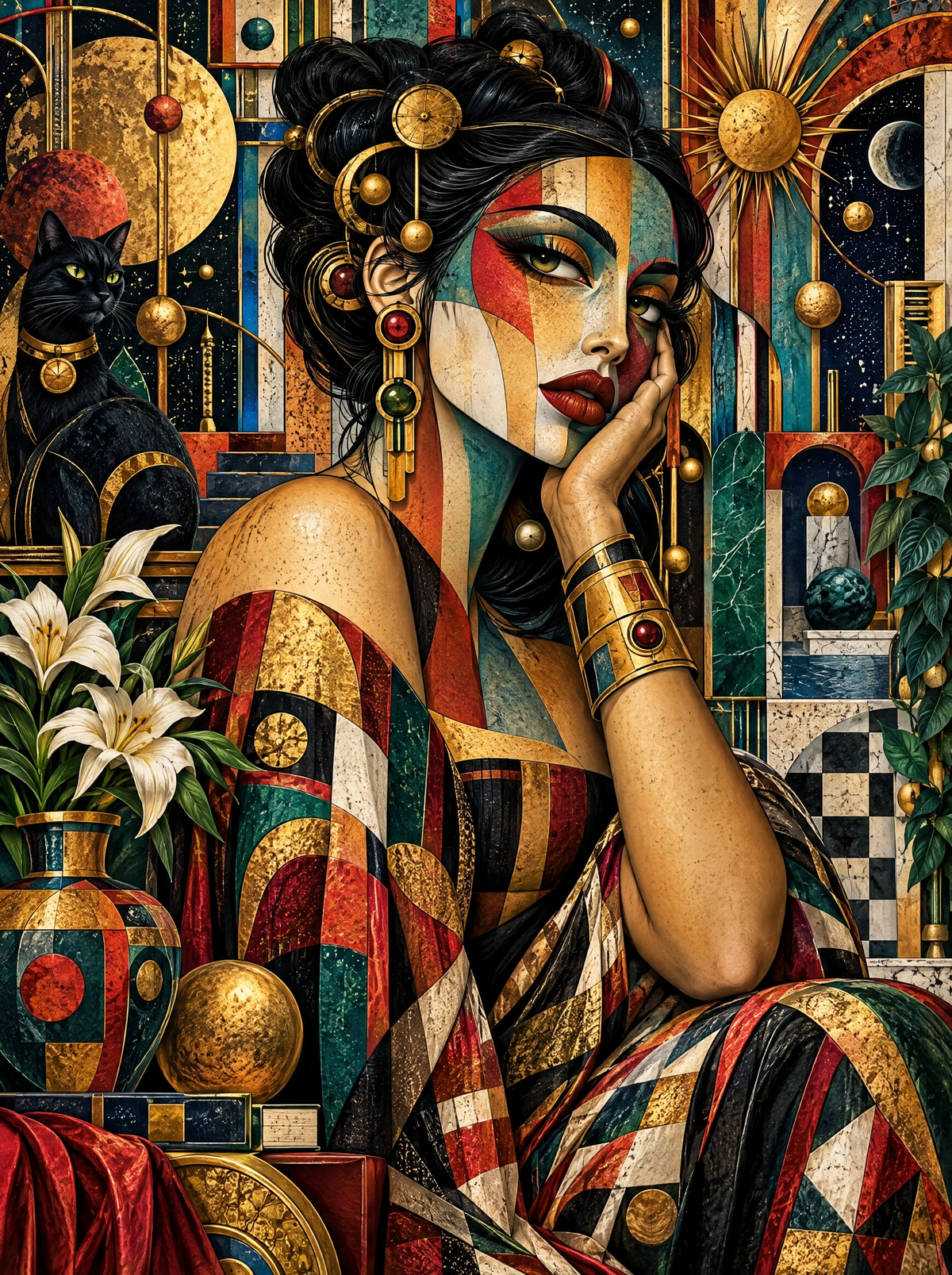 Deco Harlequin And Black Cat